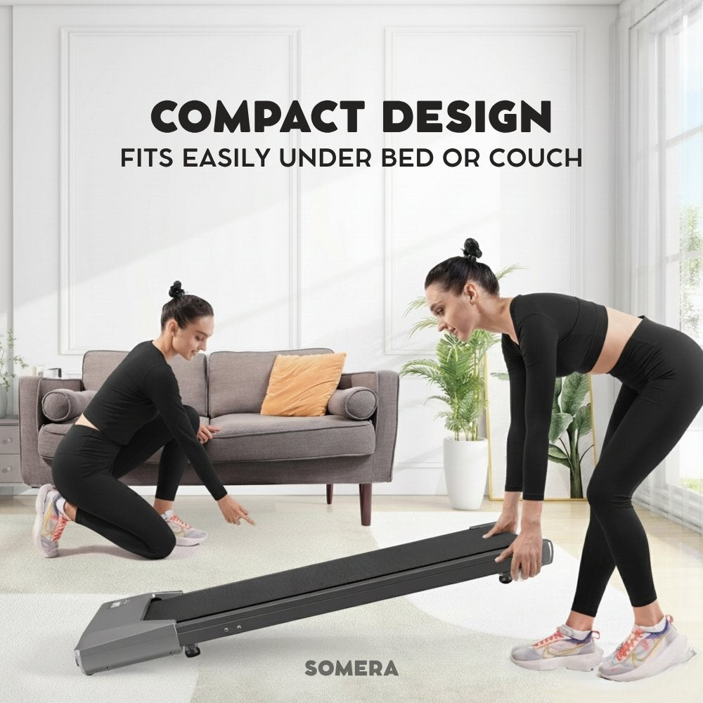 Two women in a living room with a compact exercise device, promoting its ease of storage.