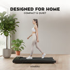 Woman walking on a treadmill with plants and a neutral wall in the background, featuring the brand 'SOMERA'.